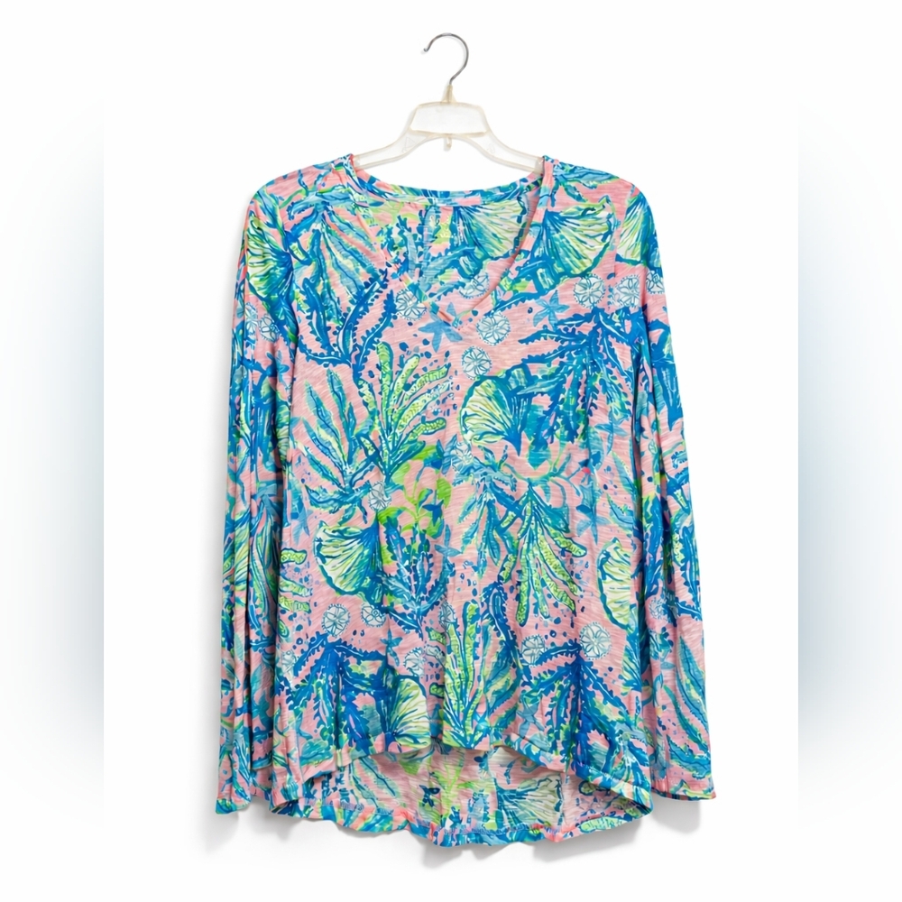Lilly Pulitzer Pink, Blue & Green Tropical Beachy Floral Blouse Size Small